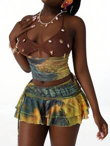 Amplova 2pcs/Set Halter Neck Crop Top & Low Waist Ruffle Hem Mini Skirt, Sexy Avant-Garde Boho Style Backless Details, Suitable For Holiday - Multicolor - View 4