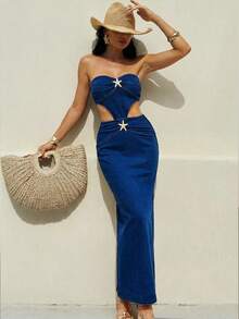 Breezaya Women's Strapless Denim Dress With Metallic Starfish Cutout Decor, Pleated Fashion Sexy Dress For Date Swimming Outing Pastal Autumn - Blue - View 11