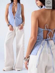 LYSMO 2026 New Arrive Minimalism Spring/Summer Women's Plaid Deep V-Neck Sexy Fashion Halter Top - Baby Blue - View 1