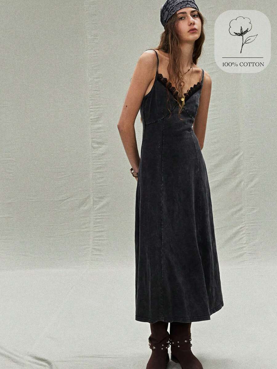 SoleilVie 女士V领拼接蕾丝复古水洗休闲连衣裙 - 黑色 - 查看 1