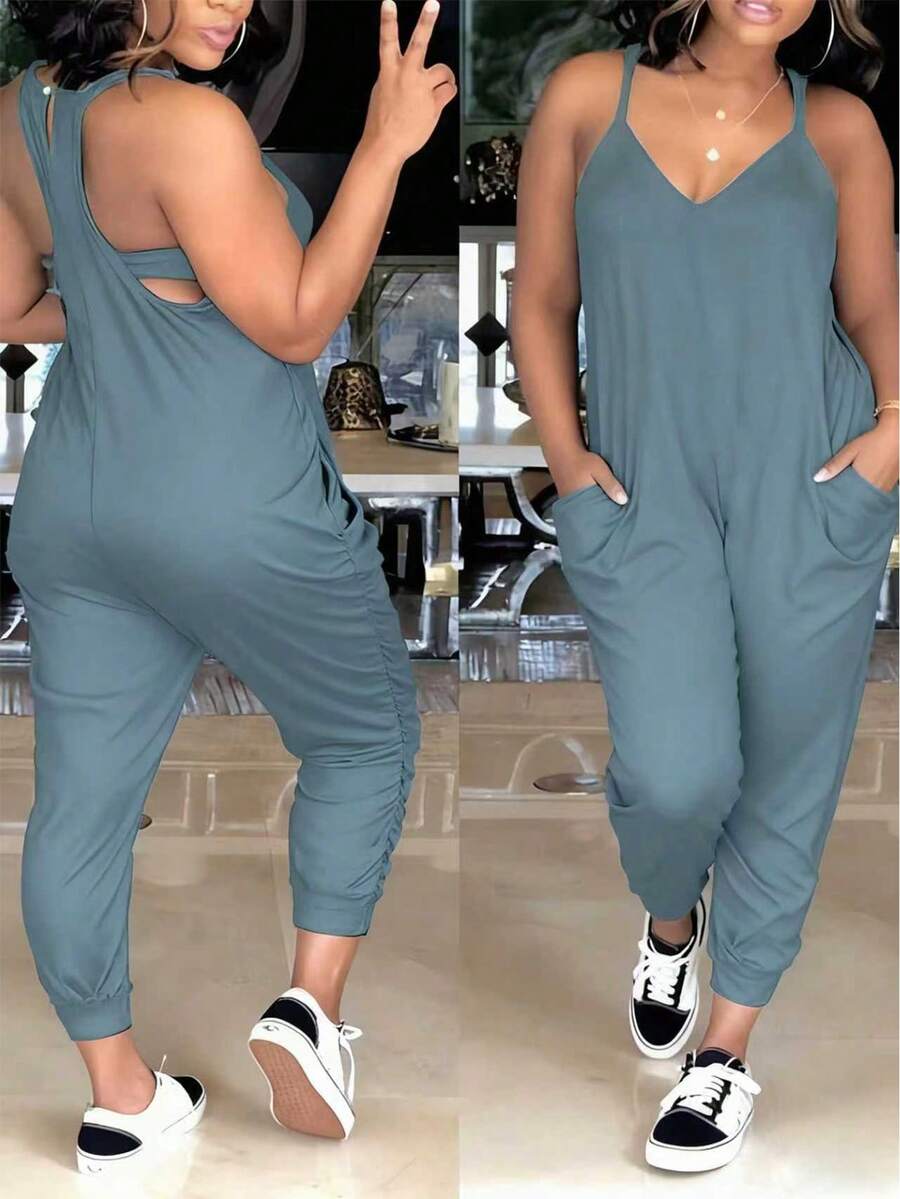 EMERY ROSE Women's Blue Knitted Spaghetti Strap Unitard Jumpsuit With Pockets Cropped Length Casual Style - Blue - View 1