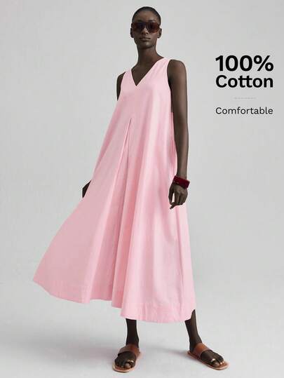 Ontre 女教师套装，独立日，机场时尚，舒适休闲风，V领，无袖，女士长裙，浅粉色，前后不对称设计，喇叭裙，淡粉色，喇叭裙，春夏服装，日常穿着，2025新款，舒适休闲连衣裙，休闲装，宽松版型