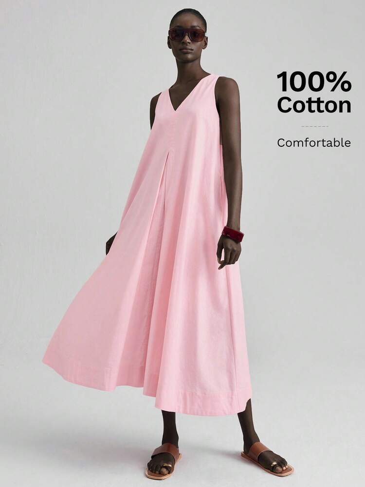 2026 Women's Teacher Outfit, Independence Day, Women's Airport Fashion, Comfortable Casual Style, V-Neck, Sleeveless, Women's Long Dress, Light Pink, Front And Back Asymmetric Dress, Flared Skirt, Pale Pink, Flared Skirt, Spring/Summer Clothing, Everyday Wear, Comfortable Casual Dress, Casual Wear, Loose Fit Beach Clothing, All Season  Ins Celebrity Same Style Vacation Style, Exotic Atmosphere, Country Concert, Western Style Clothing, High-Grade Fabric, Comfortable And Breathable Bohem