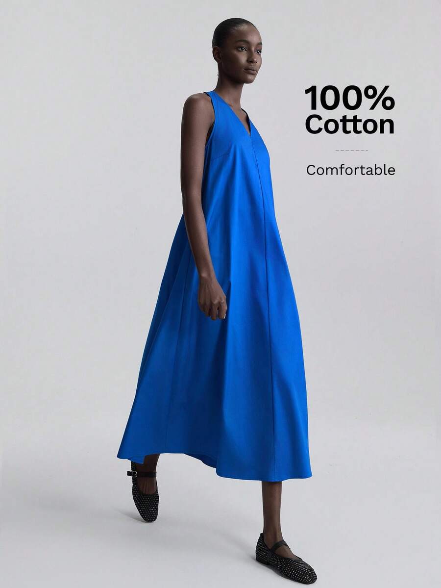 Ontre 2026春夏女式中长连衣裙，海军蓝V领休闲无袖连衣裙，带口袋，适合派对、都市海岛度假、独立日、海滩度假、毕业典礼、办公室、日常休闲穿着、情人节、节日场合、婚礼宾客着装等场合，都市时尚简约优雅百搭中长连衣裙