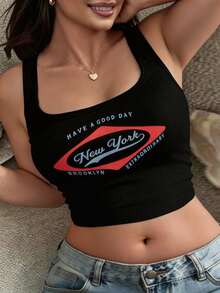 Dazy Plus 街头风字母印花露脐无袖修身背心，女士夏季款 - 黑色 - 查看 2