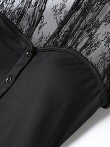 SHEIN Franclia Áo kiểu cài cúc thanh lịch cổ chữ V phối ren tương phản dành cho nữ - màu đen - Xem 4