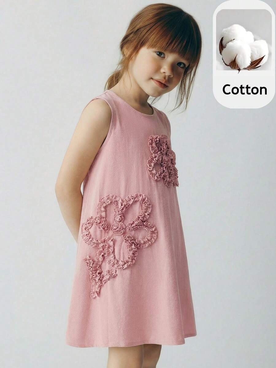 Maija Kids 一件女童休闲优雅刺绣宽松无袖连衣裙，适合日常穿着、返校、郊游、聚会、节日、派对、春夏季节穿着。 - 粉色 - 查看 1
