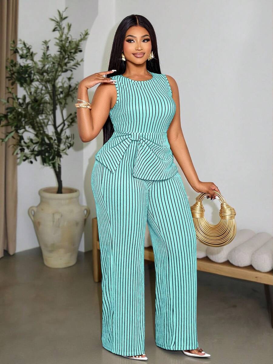 SOLERSUN Plus Size Women's Light Green Summer Elegant Formal 2 Piece Pants Set,Sleeveless Cinched Top,Striped Wide Leg Pants,Fashion Casual Vacation Clothes - Mint Green - View 1