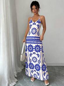 Breezaya Vestido de tirantes con estampado floral de estilo bohemio y casual para vacaciones de mujer - Azul - Ver 4