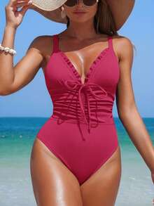 Swim Lushoire 女士纯色荷叶边系带连体泳衣 - 玫紅色 - 查看 4