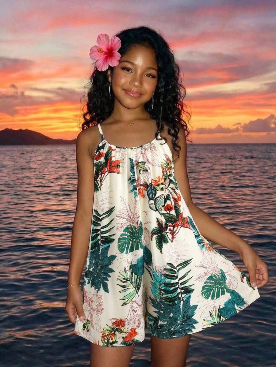 SHEIN 少女热带植物印花休闲度假连体裤 - 杏色 - 查看 1