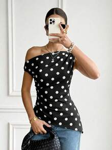 Serisse Women's Polka Dot Pattern Asymmetric-Shoulder Ruched Fashionable Blouse - Black - View 5