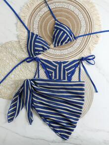 Swim Vcay 2026春夏蓝色杏色条纹露背高腰裤，侧边抽绳，串珠比基尼套装，含罩衫和迷你裙 - 彩色 - 查看 1