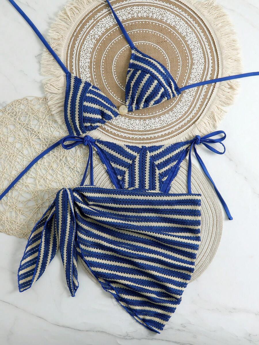 Swim Vcay 2026春夏蓝色杏色条纹露背高腰裤，侧边抽绳，串珠比基尼套装，含罩衫和迷你裙 - 彩色 - 查看 1