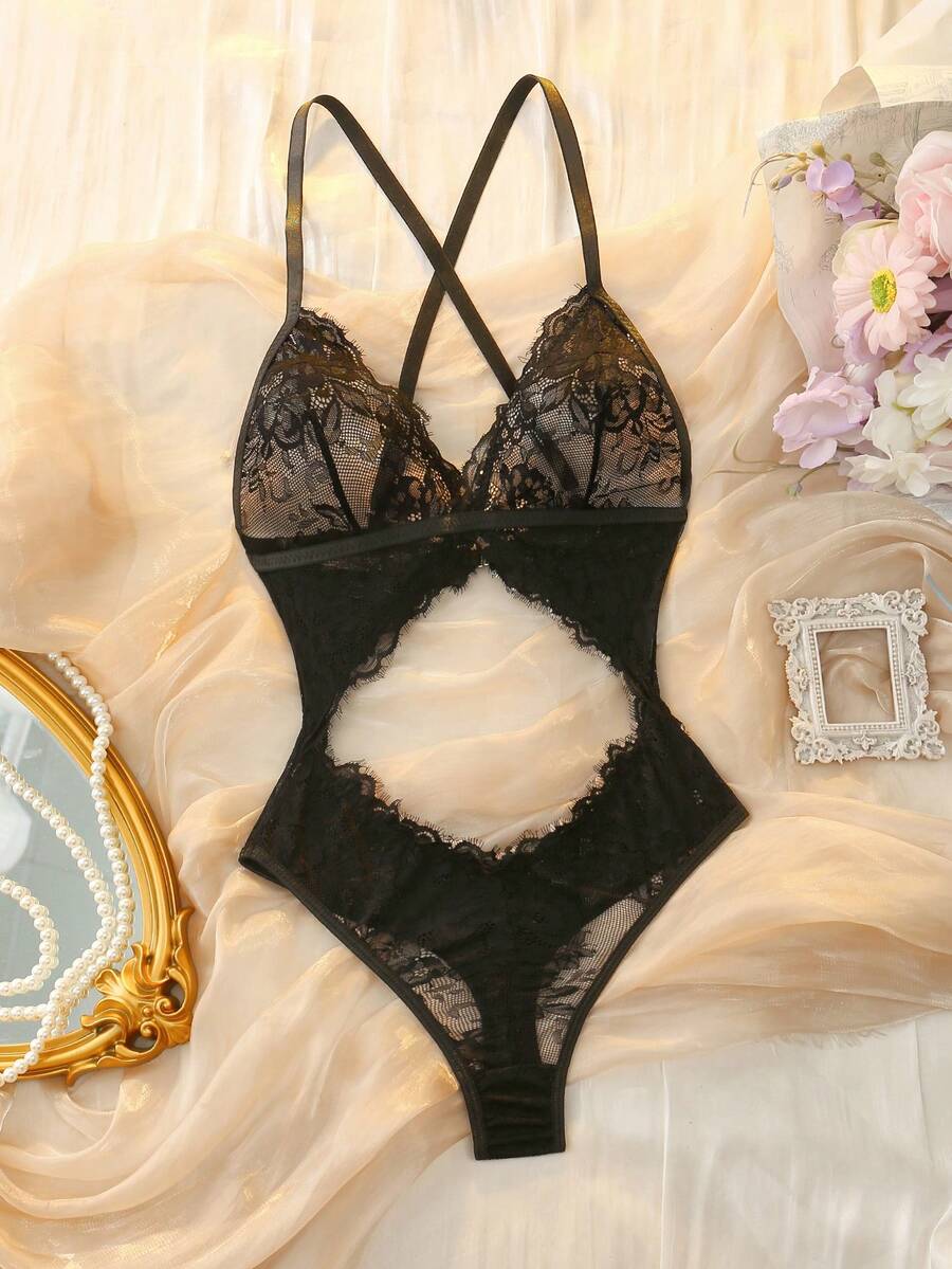 DelicateAllure Bộ đồ lót ren khoét sâu gợi cảm cho nữ khi đi chơi, phong cách Baddie - màu đen - Xem 1