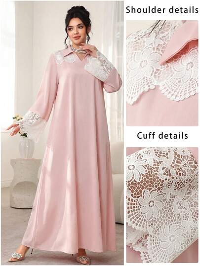 Lacomfia Đầm dài tay xòe màu hồng cổ bẻ, phối ren hoa 3D, viền ren, thích hợp cho mùa xuân/hè.