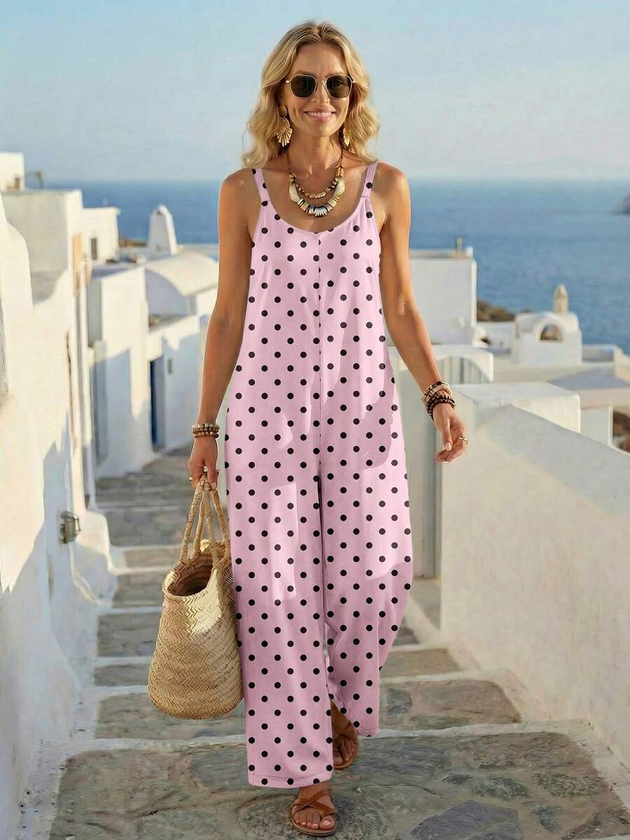 EMERY ROSE Women's Casual Polka Dot Print Sleeveless Jumpsuit, Versatile Fashion For Spring/Summer - Pink - View 1