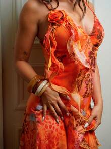 IamThia WYWH 度假复古波西米亚动物纹扎染水母荷叶边3D立体花卉亮面雪纺连衣裙 - 彩色 - 查看 7