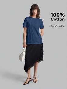 Ontre Áo thun nữ tay ngắn cổ tròn dáng rộng, màu trơn, tối giản, kiểu dáng thường ngày, phù hợp cho ngày Valentine, công sở, du lịch, đi biển, tiệc sinh nhật, đi làm, hoặc mặc đi học. - Màu xanh hải quân - Xem 7