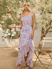L'Amorae Đầm dài bằng vải chiffon cổ đổ, thiết kế bất đối xứng với bèo nhún. - Nhiều màu - Xem 3