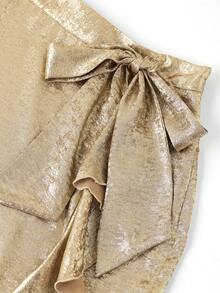 Ellevyn Women's Metal Texture Side Knot Elegant Mermaid Skirt Summer Gold Champagne-Colored Ruffled Fishtail Skirt, Elegant And Romantic 
Elegant And Versatile Midi Skirt For Parties, Gatherings, Weddings, And Work Commutes. - Gold - View 3