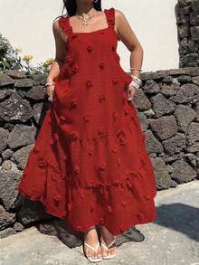 Sunnyshic Plus Size Square Neck Spaghetti Strap A-Line Dress, Vacation Style - Burgundy - View 1