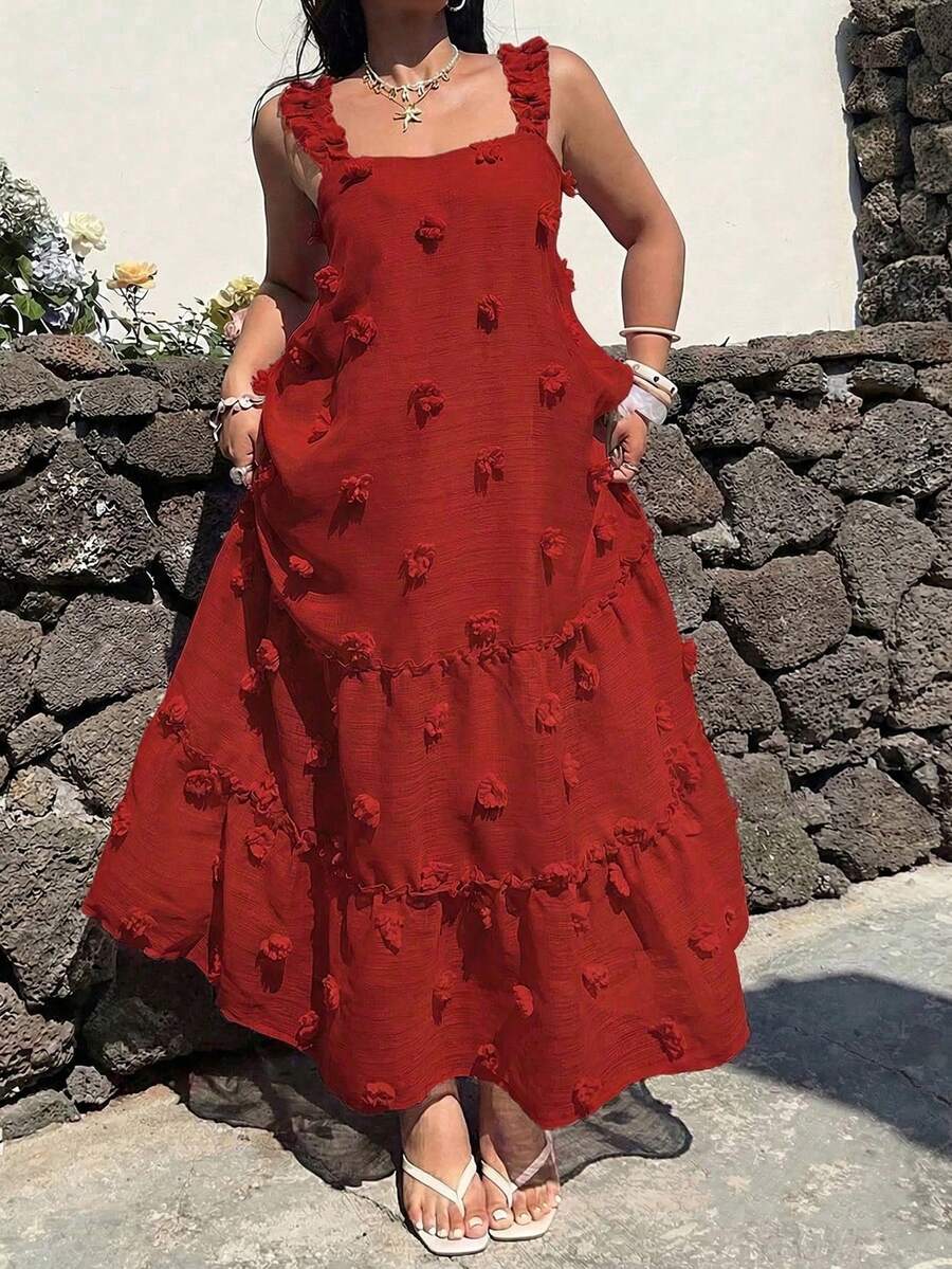 Sunnyshic Plus Size Square Neck Spaghetti Strap A-Line Dress, Vacation Style - Burgundy - View 1