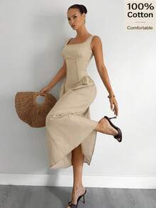 Siren Gaze Women's 100% Cotton Sleeveless Elegant Solid Color Square Neck Flared Midi Dress,Casual Summer Splice Lace Trim Hem Tea Party Old Money Chic Outfits - Camel - View 7