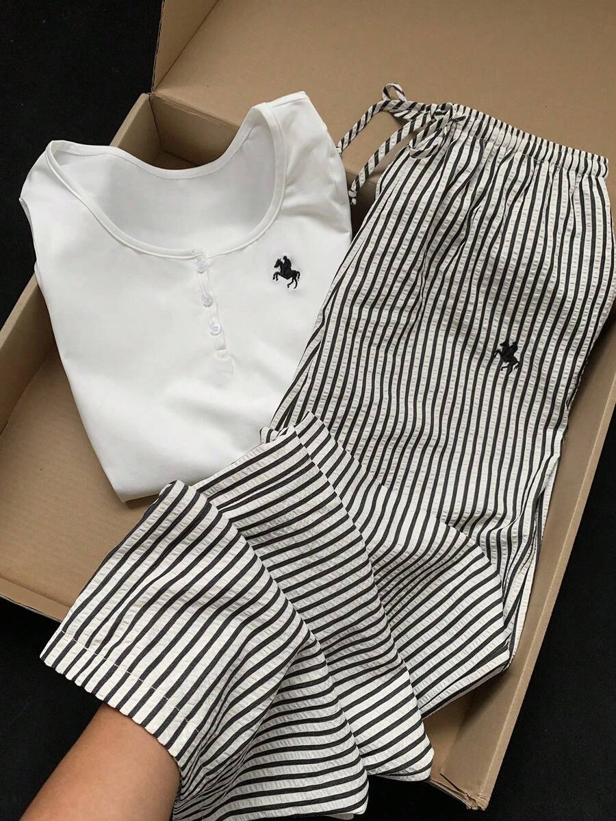 SHEIN Bộ đồ 2 món cho bé gái tuổi teen gồm áo cài cúc thêu họa tiết và quần sọc, màu trắng, thích hợp cho mùa thu/đông, đi biển, Lễ Tạ ơn, Tết Dương lịch. - trắng - Xem 1