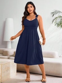 EMERY ROSE Vestido maxi de verano casual con pliegues de unicolor para mujer de talla grande - Azul - Ver 4