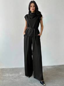 Firerie 女士深咖啡色高领短袖衬衫搭配松紧腰阔腿裤套装，短袖高领套装，女士通勤套装，商务套装，深色裤装套装，优雅，通勤，日常，简约，工作服，舒适女装，春夏秋季服装，优雅，通勤，毕业典礼，毕业舞会，演出服，音乐会，工作服，返校季，舒适，复古，女士两件套 - 黑色 - 查看 4