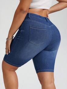 SHEIN PETITE CURVE Plus Size Women's High Waist Dark Blue Denim Bermuda Shorts, Casual Summer Vacation Outfits Four-Way Stretch Fabric Plus Size Slim Fit Casual Summer Versatile Daily Wear Blue Denim Shorts Jorts - Dark Wash - View 3