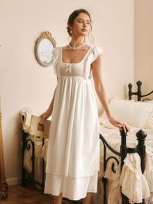 Côtesoire French Romantic Minimalist Elegant Fresh Ruffled Mesh Splice Women Nightgown - White - View 3