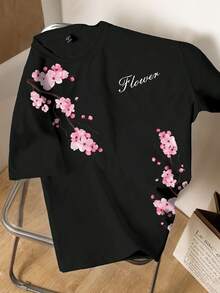 Manfinity Joysei Men's Floral & Letter Print Casual Round Neck Short Sleeve T-Shirt, Summer - Black - View 2