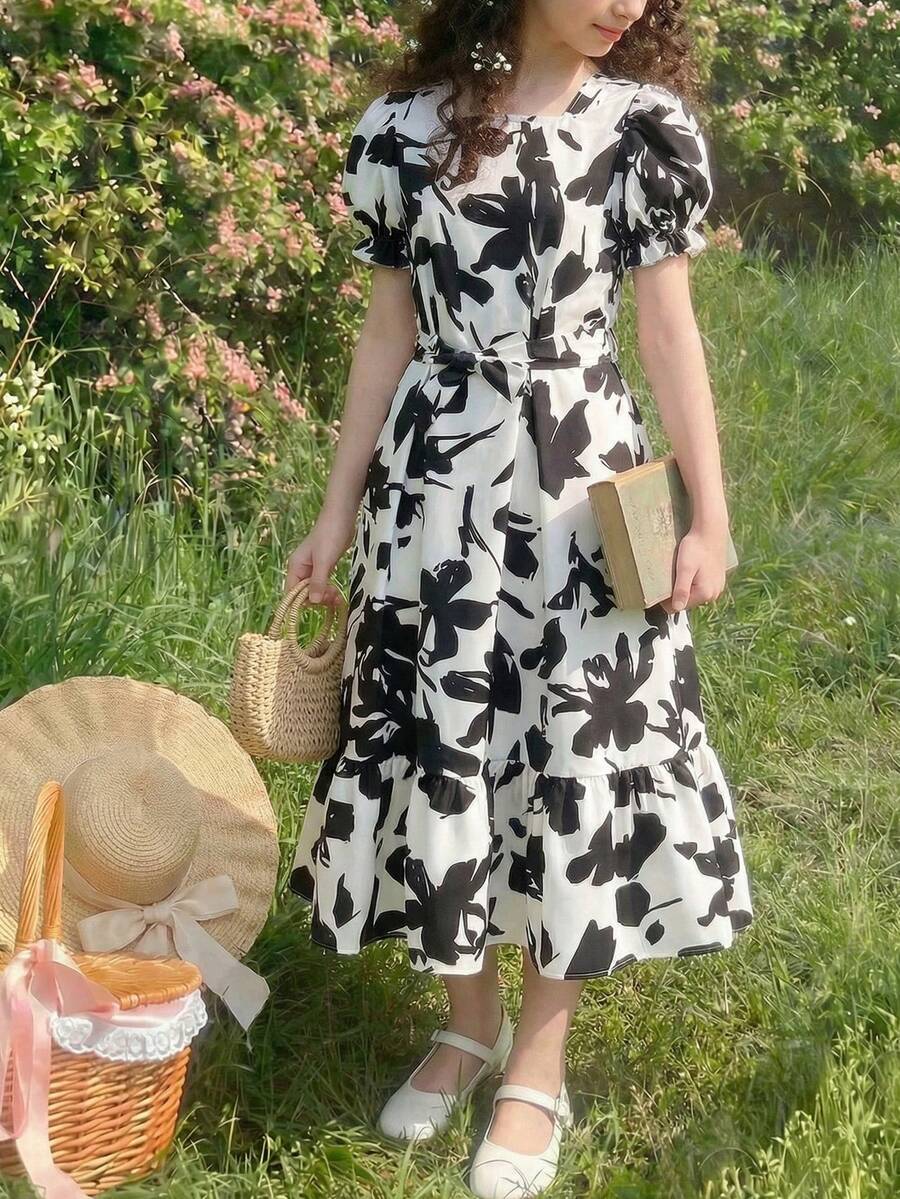 SHEIN ChillGRL 少女夏季度假海滩热带树叶碎花方领泡泡袖系带连衣裙,假日,夏季,旅行 - 黑色 - 查看 1