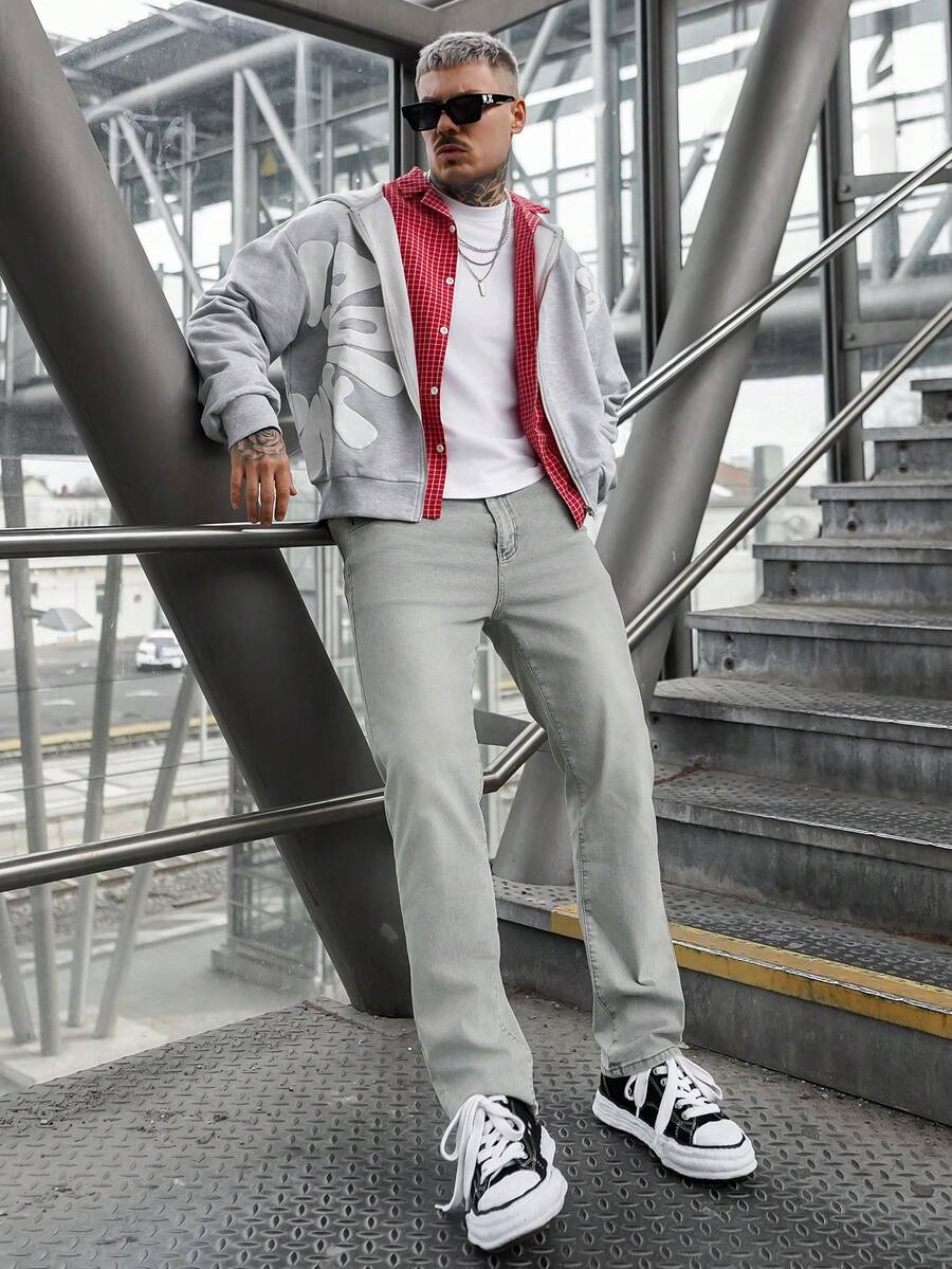 Artur Kramer 男式字母印花连帽拉链长袖卫衣 - 灰色 - 查看 1