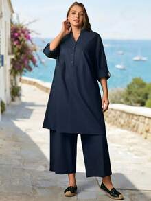 Rosumi 大码女式休闲纯色缺口领扣式卷边袖长款宽松上衣和阔腿裤两件套，春秋装，女式冬装，圣诞节，大码冬装优雅休闲 - 寶藍色 - 查看 4