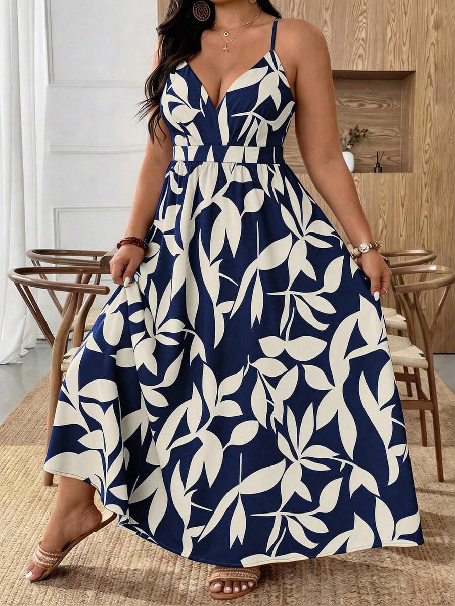 Weeklong Vestido longo feminino plus size com estampa tropical, sem mangas, ombros à mostra, alças finas e cintura marcada. Modelo solto, casual, para férias na praia, viagens e moda sexy e elegante para o verão. - Azul Real - Ver 1