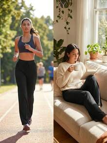 Dewbera Dewbera Pantalon de sport, de yoga et de plein air pour femmes, de couleur unie, taille large avec cordon de serrage, jambes larges, décontracté et simple - Noir - Voir 6