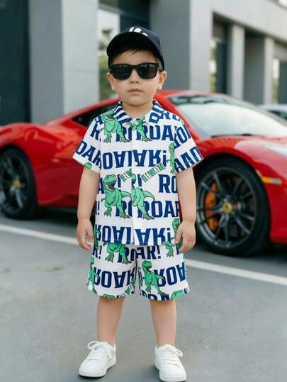 Bubblio Bộ 2 món đồ cho bé trai, kiểu dáng thường ngày, thoải mái, đa năng, in hình khủng long: áo sơ mi ngắn tay và quần short.