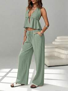 SHEIN EZwear 两件套女士度假休闲露背上衣和裤子套装 - 薄荷綠 - 查看 6