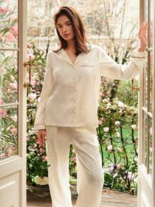 Spring And Summer Comfortable Cream Satin Pajama Set - Loose-Fit Long-Sleeve Top & Pants With Red Trim All-Day Cozy Lounge Wear Pyjama - Apricot - View 13