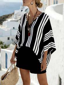 SHEIN Holidaya 女士休闲条纹V领宽松短袖衬衫，夏季 - 黑與白 - 查看 1