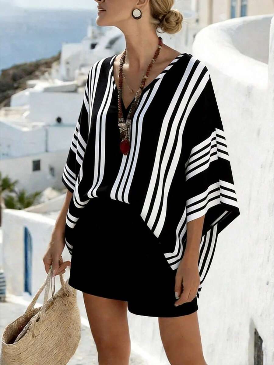SHEIN Holidaya 女士休闲条纹V领宽松短袖衬衫，夏季 - 黑與白 - 查看 1