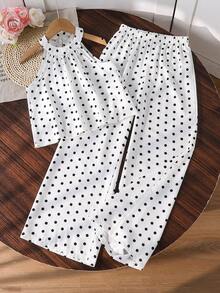 Sparklyn Setelan 2 Potong untuk Liburan Pantai Anak Perempuan Remaja: Atasan Halter Dasar + Celana Panjang Longgar 3/4 Motif Bunga - Putih - View 5