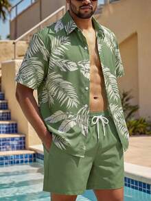 VIVINTIMO Men's Vacation Casual Plant Print Shirt And Shorts Set - Army Green - View 4
