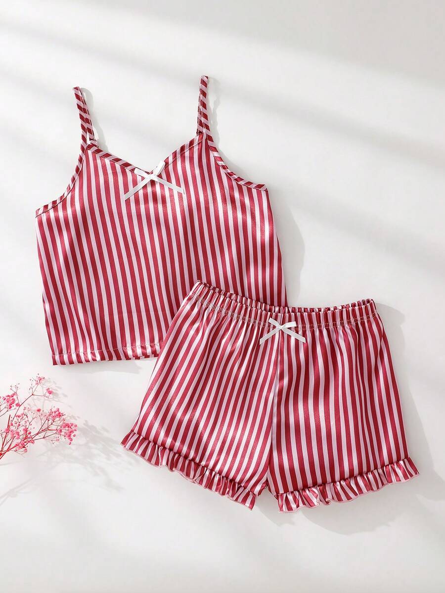 SHEIN 2件組青少年女孩V領無袖吊帶上衣與短褲夏季粉色酒紅白色條紋緞面睡衣套裝，可愛舒適睡裙睡衣 - 紫色 - 查看 1