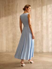 MOTF PREMIUM WOMEN'S COMFORTABLE COTTON LINEN V-NECK A-LINE BELTED DRESS, SPRING/SUMMER - Baby Blue - View 3