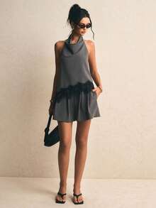 Poéselle Bộ đồ 2 mảnh thanh lịch dành cho nữ, gồm áo hai dây hở lưng và quần short, phối ren và sọc, thích hợp cho mùa hè. - Xám - Xem 5