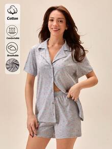 Loomlin 100% Cotton Minimal Heart Patterned 2 Pcs Short Sleeve Button Down Sleep Shirt Top & Elastic Waist Shorts,Light Pink,Summer,Casual,Home Pajama Set - Grey - View 1